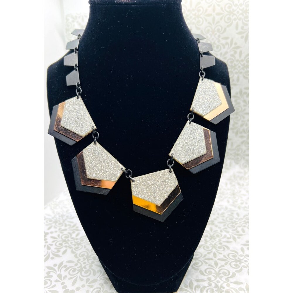 Geometric Statement Necklace With Glitter Silver & Black Resin Pentagons